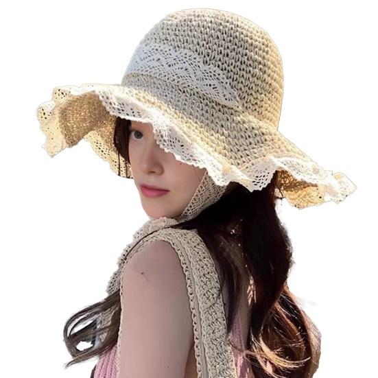 Women Beach Hat Large Eaves UV Blocking Foldable Portable Handmade Straw Hollow Sun Protection Hat with Lace Ties