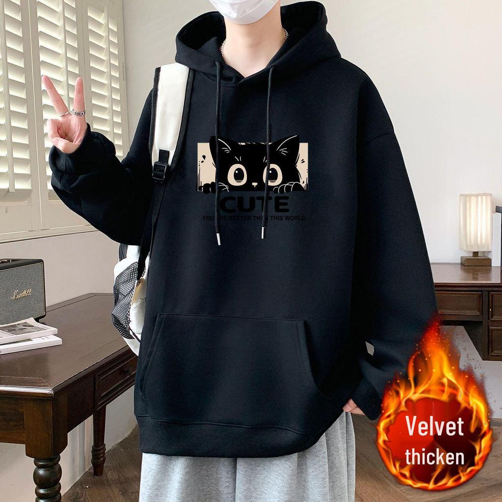 Unisex Thickened Fleece-Lined Cotton Hoodie with Kitten Print - Loose Fit for Autumn/Winter
