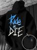 Graffiti Print "RIDE OR DIE" Street Style, Polyester Kangaroo Pocket and Adjustable Drawstring, Men's Everyday Sweatshirt for Fall and Winter.