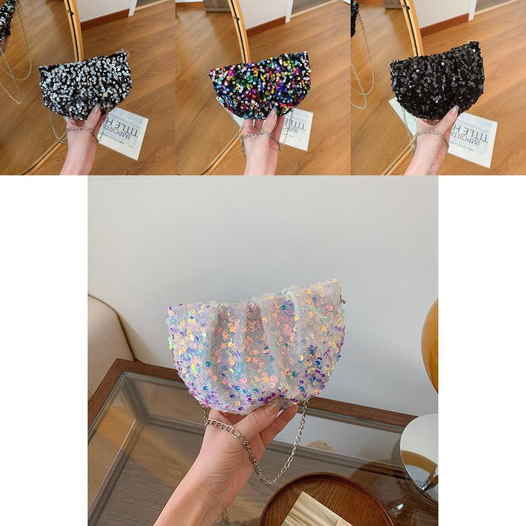 Trendy Mini Half Moon Pu Crossbody Bag With Shiny Sequins For Stylish Women