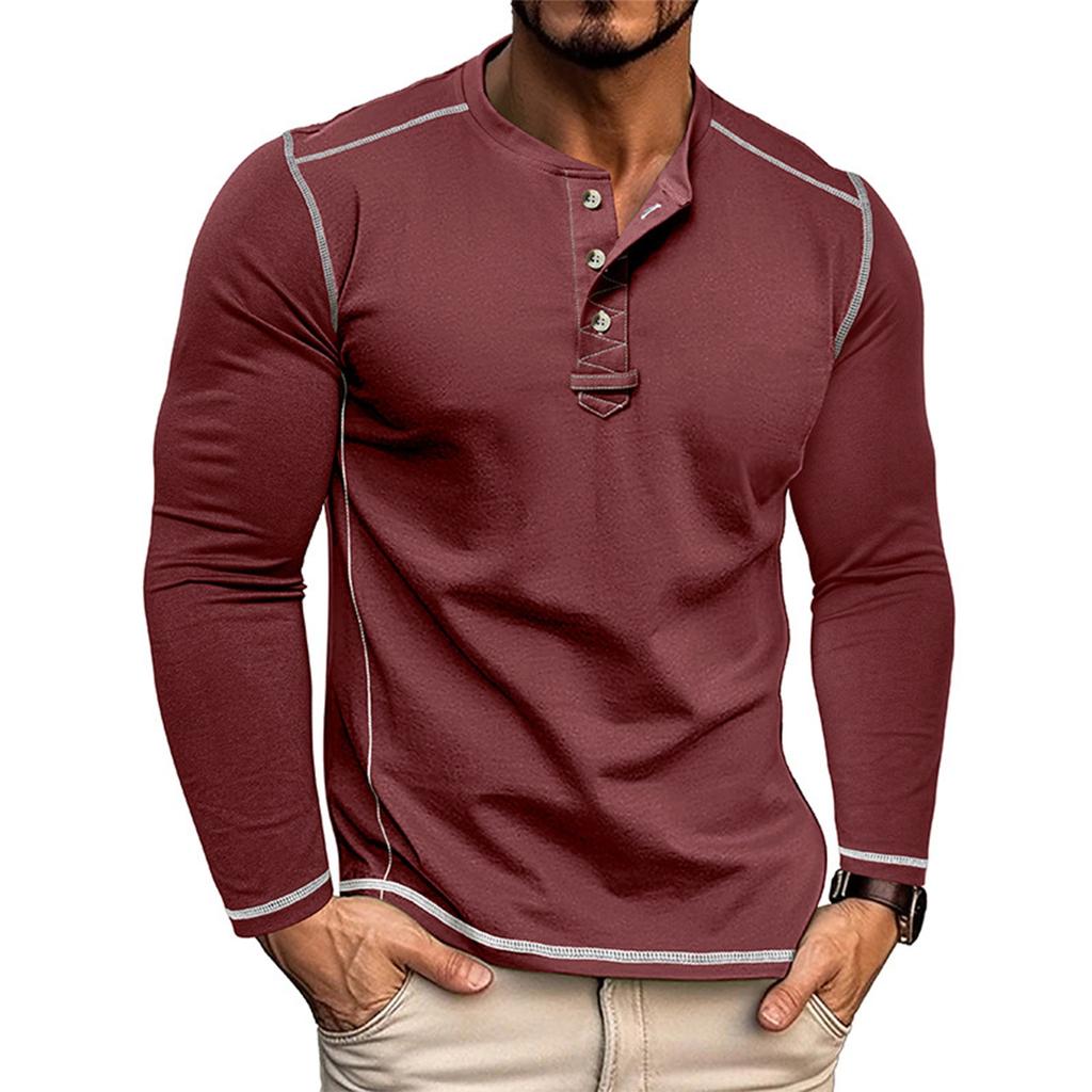 Men's Color Blocked Versatile Long Sleeved Shirt Retro T-shirt Bottom Shirt