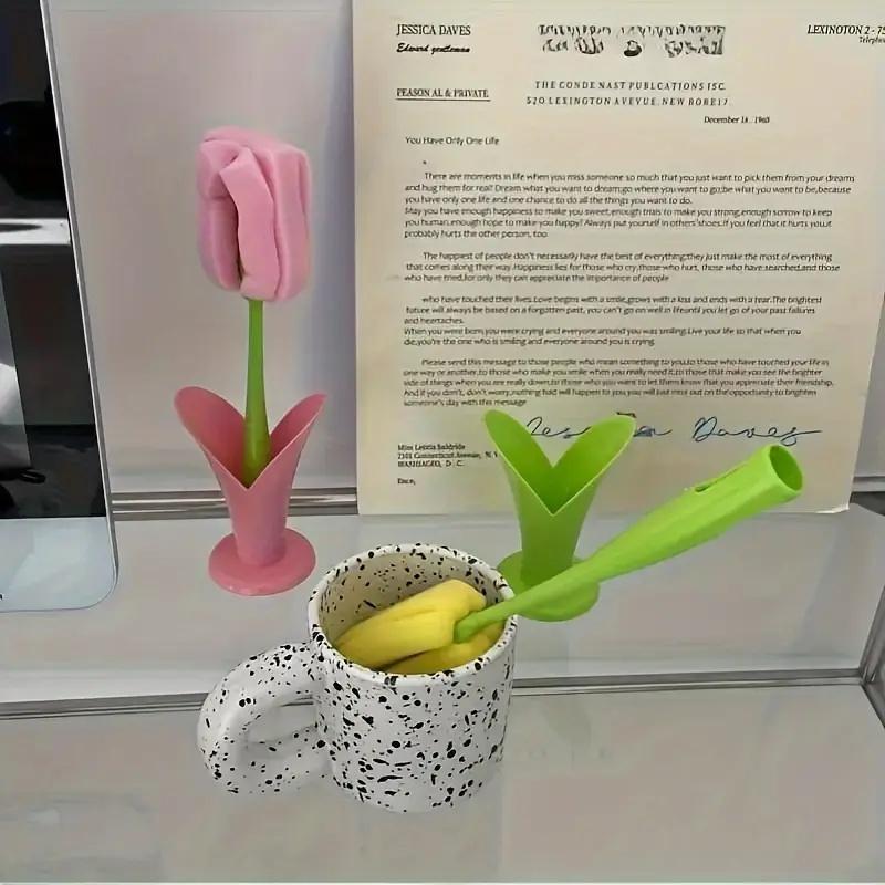 1 ks Kartáč na tulipánový pohár s odnímatelnou houbičkovou hlavou - Dlouhá rukojeť Čistič lahví a sklenic, Odolný plast, Ideální pro použití v kuchyni