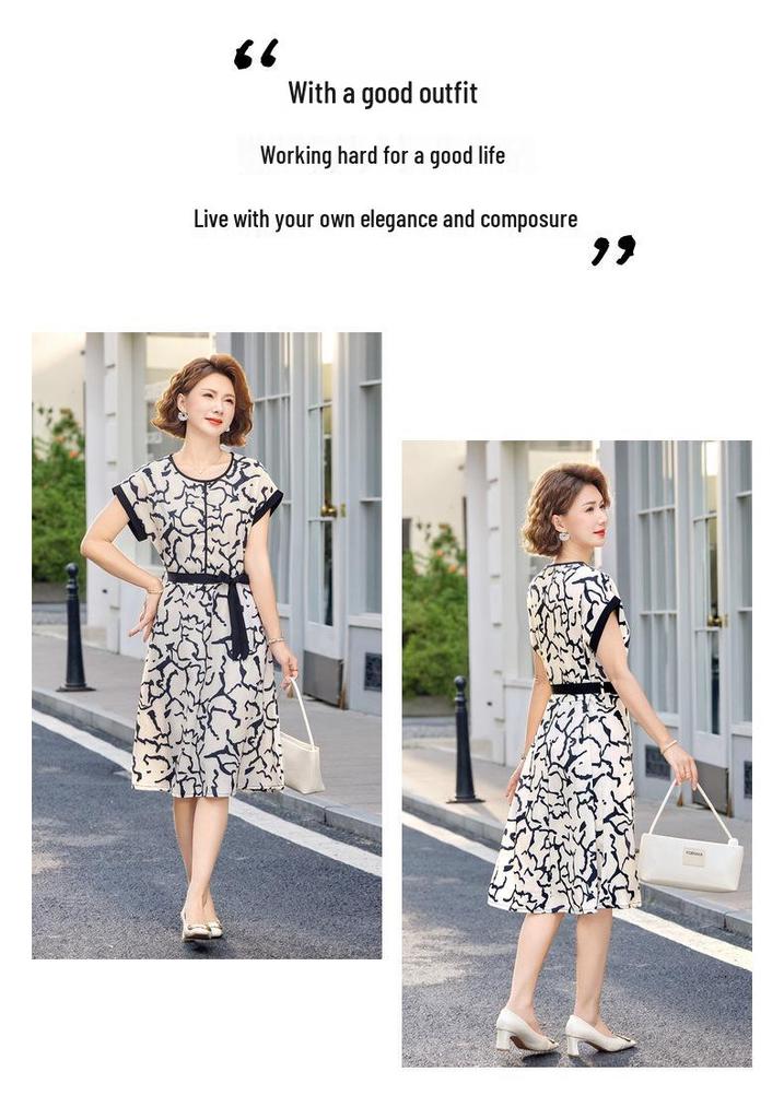 Elegant Printed Chiffon Dress for Middle-Aged Women with Cinched Waist and Short Sleeves
