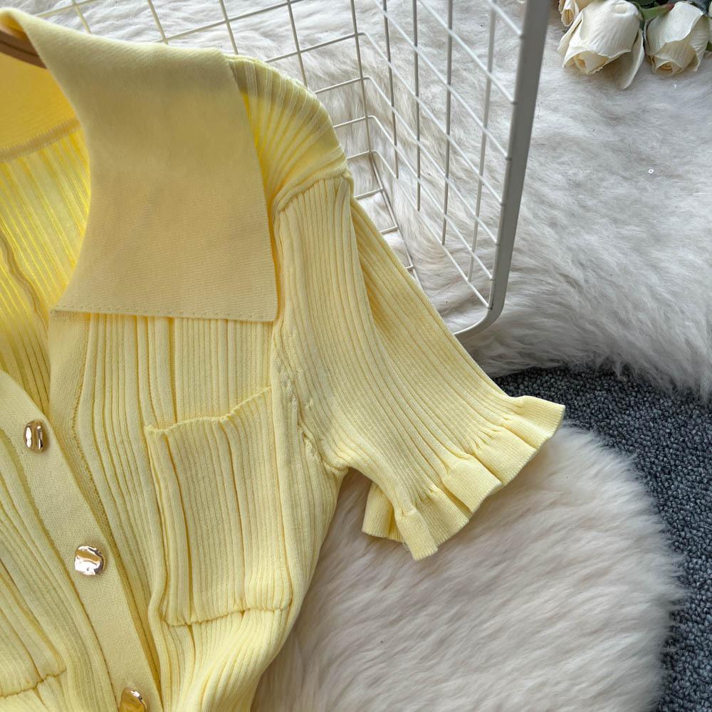 Korean Simple Design Lapel Knitted Dress Women's Summer Slim and Thin Single-breasted Royal Sister Temperament Long Dress