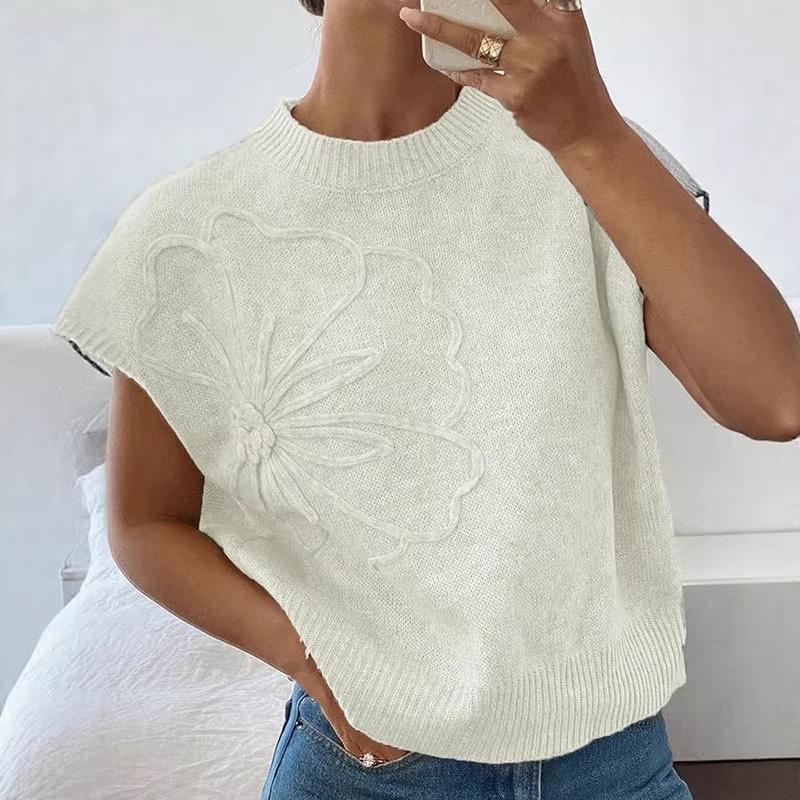 New European and American Loose Women's Sweater Solid Color Knitted Embroidered Sleeveless Vest