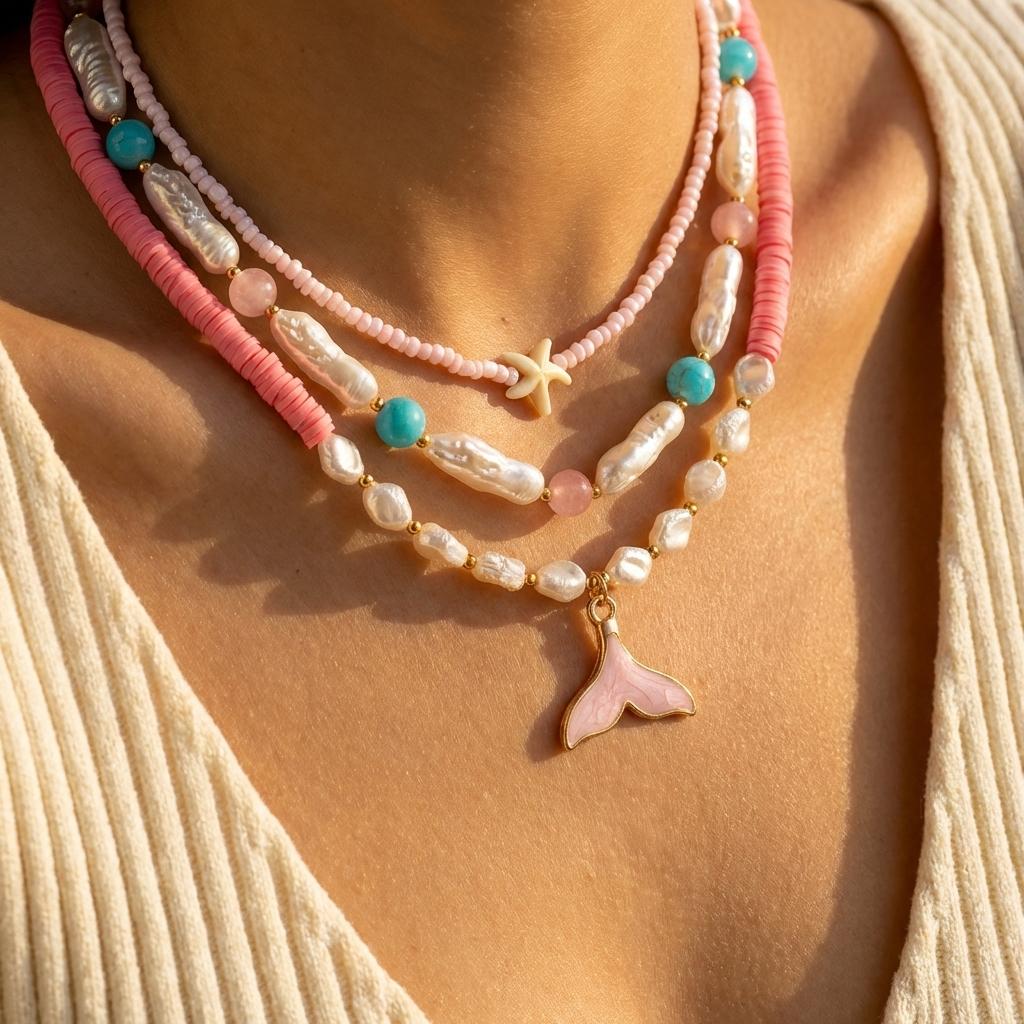 Bohemain Vintage Shell Starfish Turtle Multilayer Necklace for Women Ethnic Handmade Blue Beaded Necklaces Summer Beach Jewelry