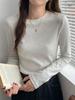 Women's Slim Fit Long-Sleeve T-Shirt, Solid Color, Ins Style, Brushed Fabric with Velvet Lining, Ideal Base Layer for All Seasons.
