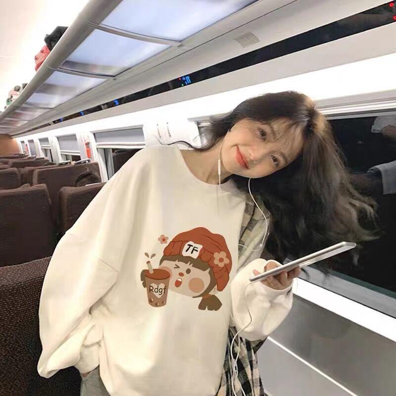 Women Cute Cartoon Print Thick Hoodie Ladies Autumn and Winter Round Neck Long Sleeve Pullover Sweatshirt Top for Student