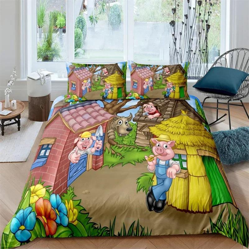 Farm Animal Duvet Cover Kawaii Pig Bedding Set Polyester Pigs Floral Comforter Cover Twin King For Teen Boy Girl Gift Room Decor