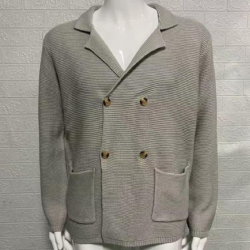 Men's Dark Blue Double Breasted Knit Cardigan with Gold Buttons, Thick Textured Fabric