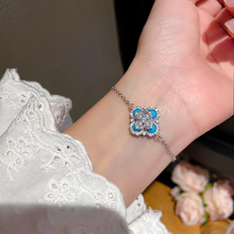Vintage Flower Pearl Open Ring With Zircon And Turquoise For Women SilverBlueBracelet