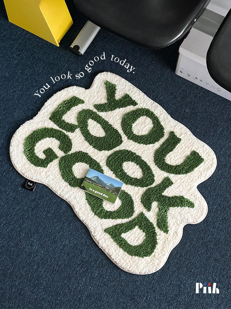 Irregular Letter Green Floor Mats, Soft And Anti-Slip Faux Cashmere Area Carpets, Bedroom Chair Gift Floor Mats, Home Decoration