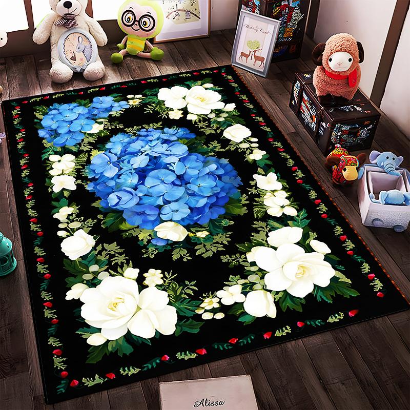 Floral Carpet with Blue Hydrangeas and White Roses On Black Background Suitable for Use As an Anti-slip for Living Room Bedroom Sofas