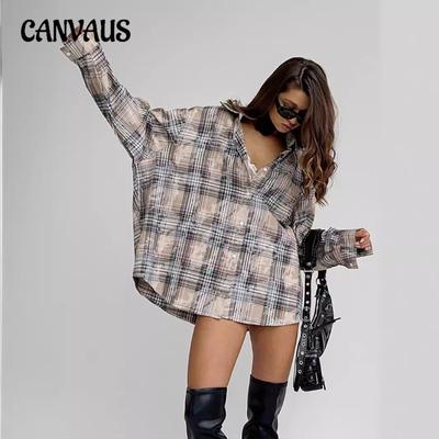 Women's Retro Plaid Long Sleeve Shirt Spring Loose Casual Blouse Plus Size Jacket