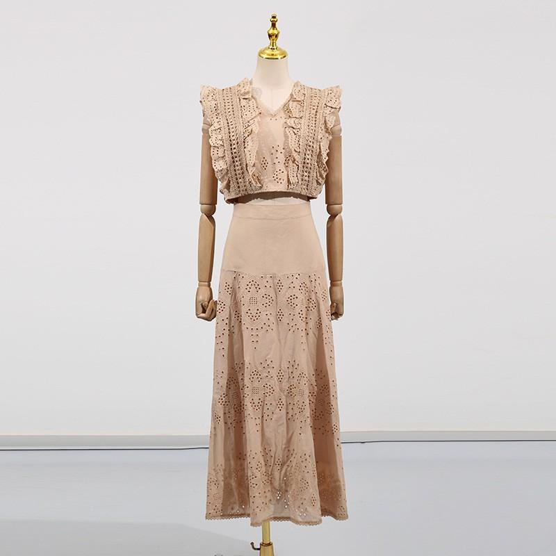 Holiday Style Beach Dress Suit Collar Sleeveless Fungus Rimmed Top + High-waist Skirt