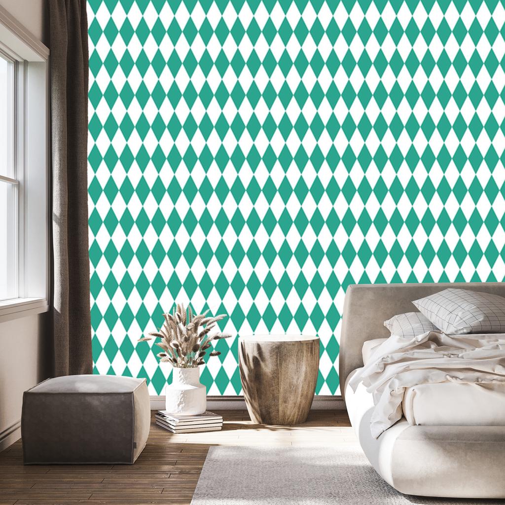 Harlequin Diamonds Wallpaper, Sea Green and White, for Living Room and Bedroom, 50x1000
