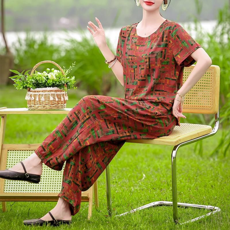 Women's Summer Printed 2-Piece Outfit, Plus Size Casual Short Sleeve Top & Pants Set (XL-5XL)