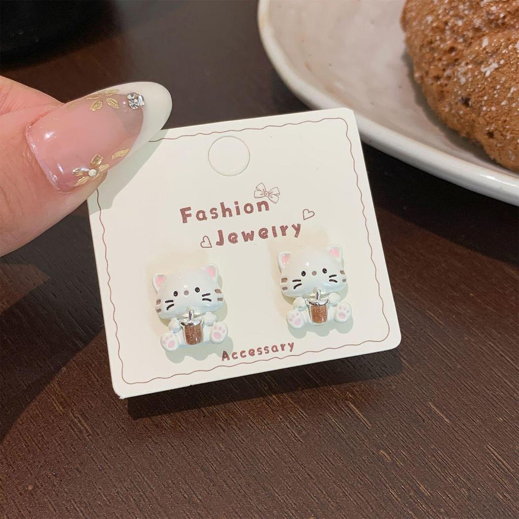 Adorable Black Kitten Stud Earrings: Silver Needle, Cute Tail Design for Women