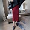 Autumn Winter Women's Red Knitted Half Skirt High Waist Knee-Length Bodycon Pencil Skirt Slim-Fit Wool Skirt
