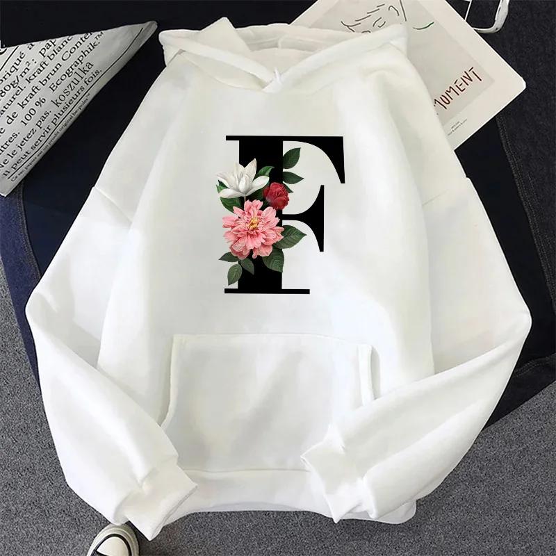 Letter A-Z Printed Womens Hoodies Casual Sweatshirts Sportswear Outdoors Sports Jogging Woman Clothing White Fashion Street Tops