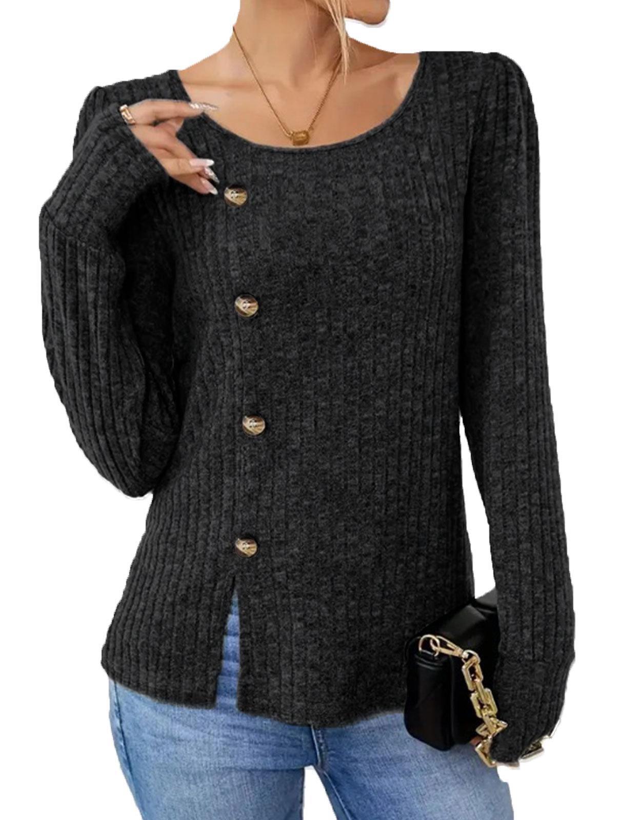 

Autumn/Winter Women s Solid Color Round Neck Button Long Sleeve Loose T-Shirt S чёрный