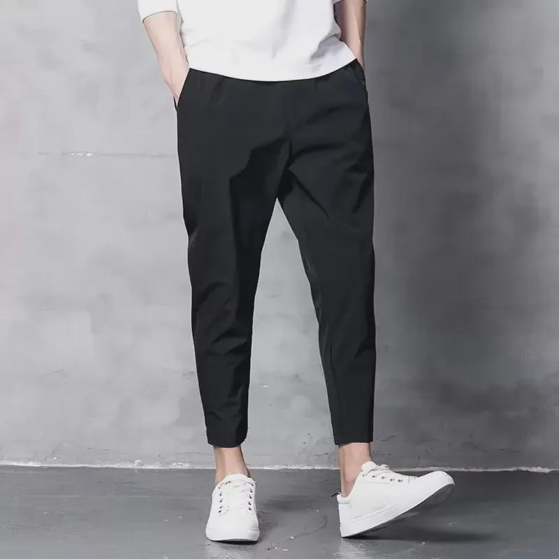 Men's Summer Ice Silk Elastic Slim-Fit Nine-Point Casual Pants - Korean Style Trendy Sportswear