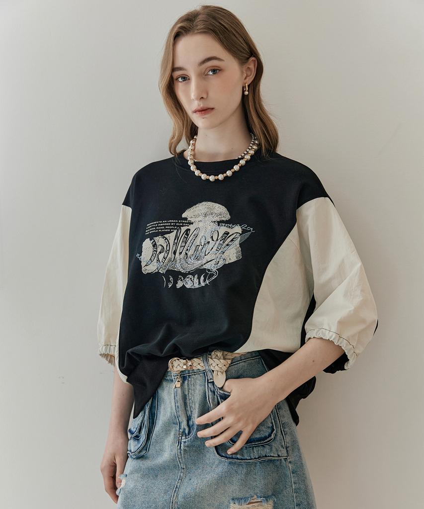 MAXZA Lettering Embroidered Colorblock T-Shirt