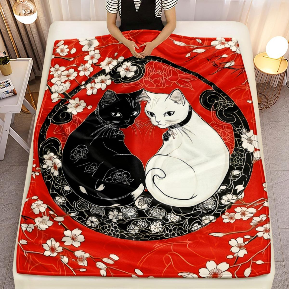 

Yin yang black and white cats cherry blossom red background blanket Japanese style art soft flannel throw for bedroom decor 130x150cm