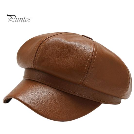 Women Beret Hat Spring Summer Retro Solid Color Faux Leather Short Brim Decorative Sun Protection Anti-UV Breathable Lady Painter Unisex Octagonal Cap
