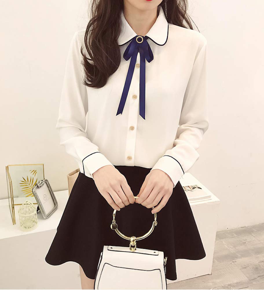 [PureAribon] Plus Size Office Lady Holiday Collection Blouse, TOKYO GOODS MARKET (White/Blue Ribbon, 4XL)