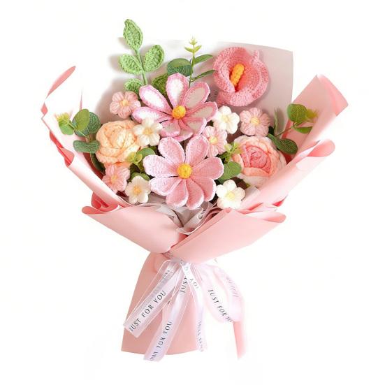 Fleurs Artificielles Fait Main Crochet Bouquet de Fleurs Fil de Coton Doux Sans Entretien Tiges Flexibles Fausse Fleur Rose Décoration de Mariage