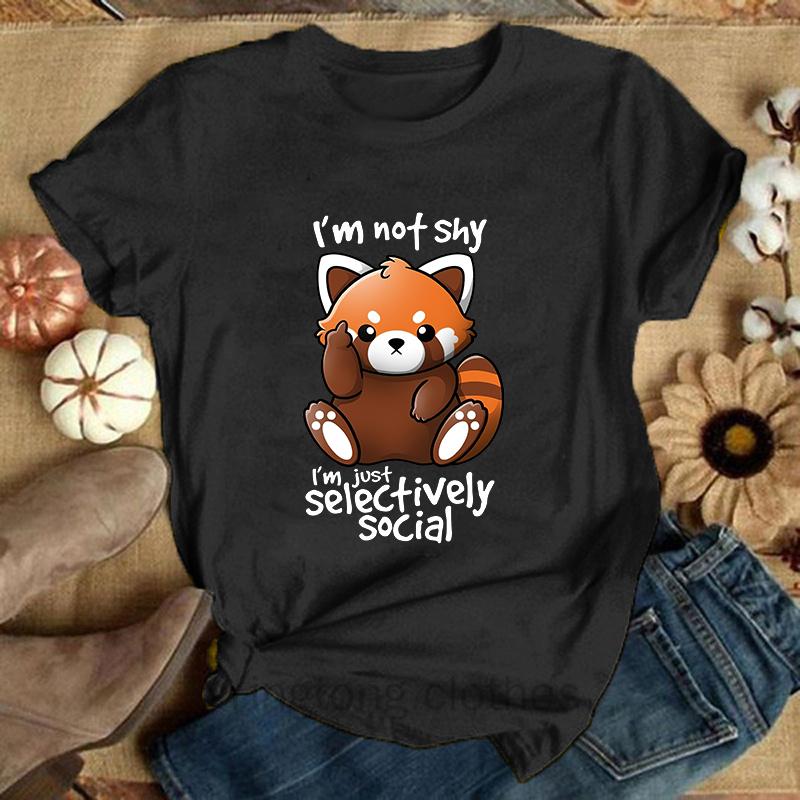 

(Премиум-футболка)Футболки с принтом «Panda I M Not Shy I M Just Selectively Social» для женщин с коротким рукавом и круглым вырезом XS чёрный