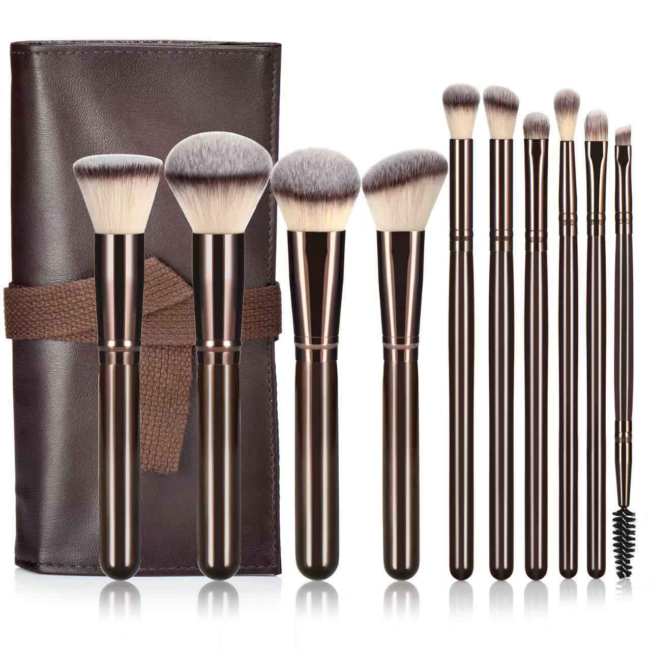 

New 10-Piece Coffee Makeup Brush Set - Super Soft Wooden Handles for Beauty Professionals