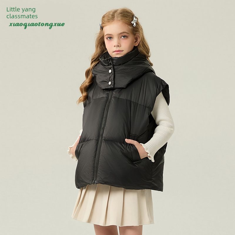 Children s down Vest 2025 Autumn and Winter New Style Girls Warm White Duck down Vest Boys Hooded Jacket Black 110