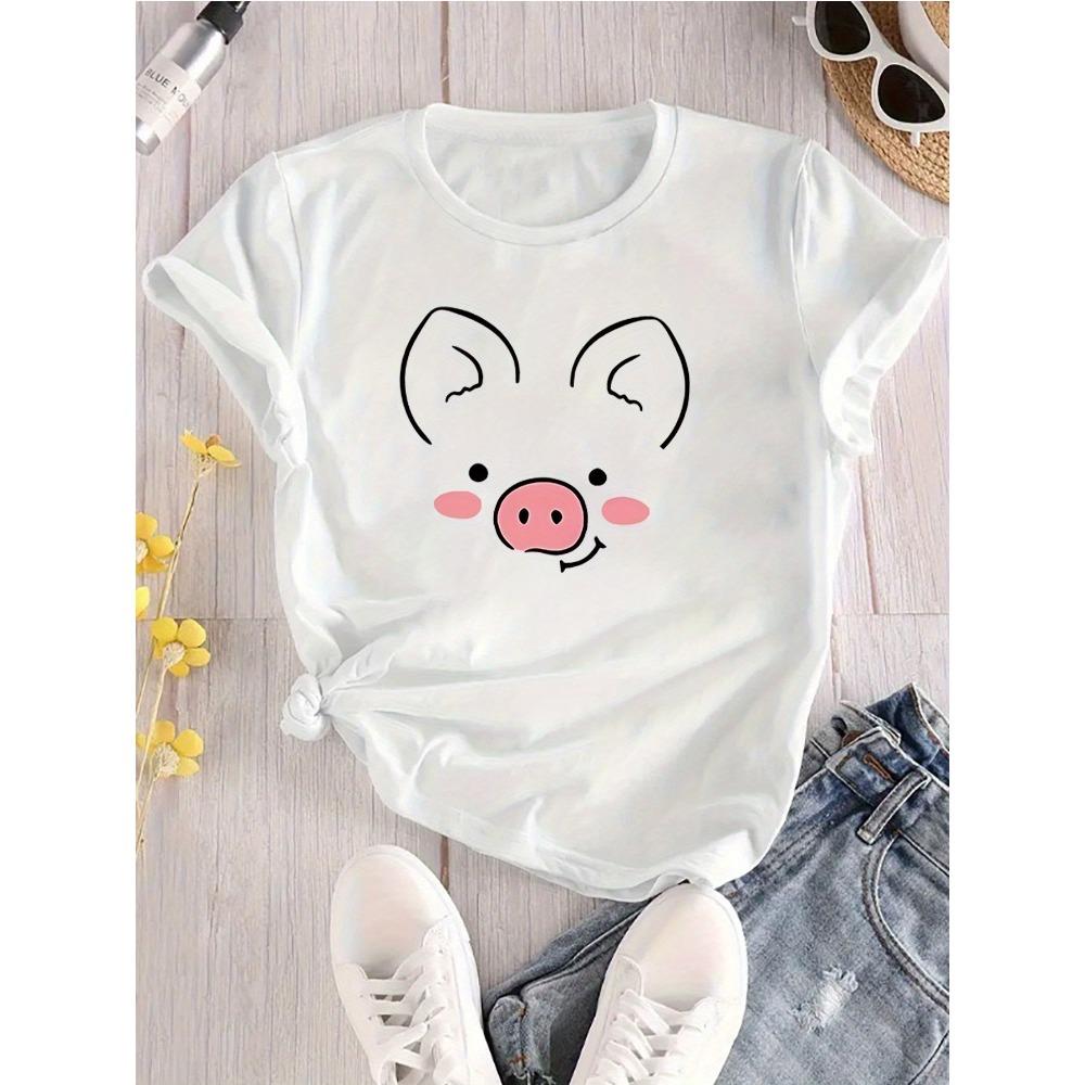 Women's Cute Piggy Face T-shirt with Simple Lines A Cute Piggy Image Printed Summer Roundneck Clothing