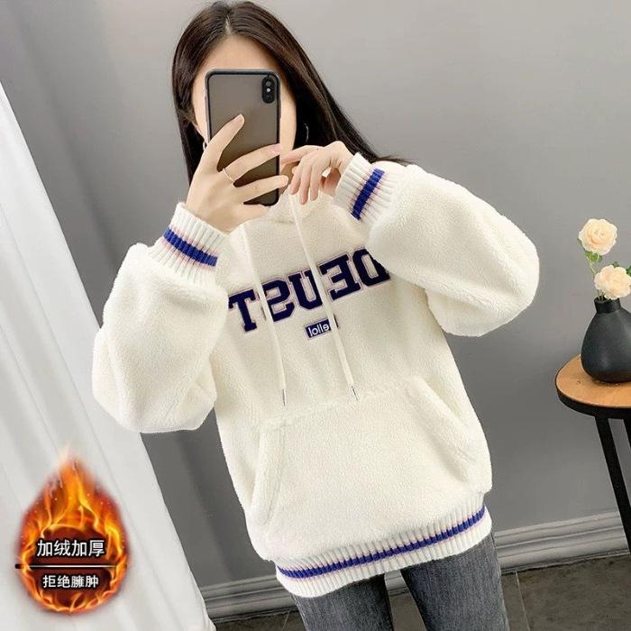 2025 new lamb wool jacket sweater women s Korean version fleece foreign style hooded women s integrated fleece top #2214 2XL белый