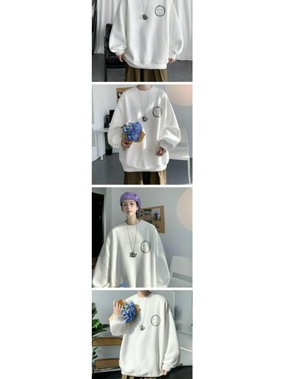 Herren Trendiger Smiley-Gesicht Hoodie - Hongkong & Koreanischer Stil, Lockere Passform, Herbst-Streetwear, Rundhalsausschnitt, Bedrucktes Oberteil