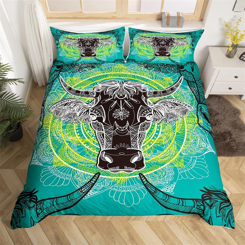 Farm Animal Duvet Cover Set Single King Queen Bohemian Mandala Bedding Set Microfiber Deer Bull Head Cow Skull Comforter Cover