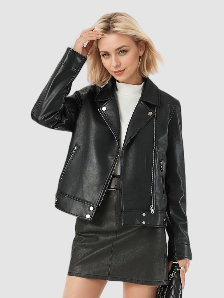 2026 New Arrival Women's Leather Jacket Short Faux Leather Moto Biker Coat Oversized Stylish Outwear