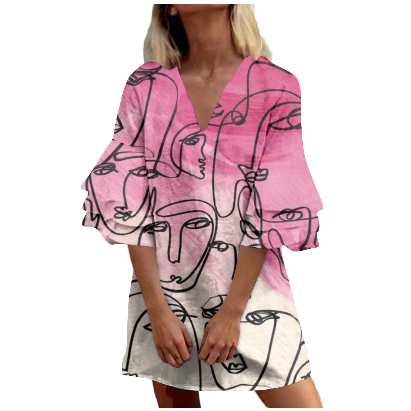 

(SU)Женское модное темпераментное элегантное мини-платье с v-образным вырезом и рукавами 3/4 со свежим принтом