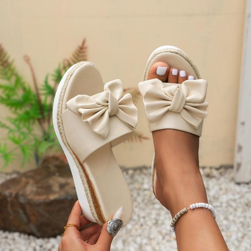 Summer New Fashionable Bow Thick Bottom Slippers with Hemp Rope and Pine Cake Bottom Large Beach Slippers