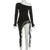 Off Shoulder Ruffles Tassel Long Sleeve T Shirt Women Sweet Streetwear Sweet Blouse Gentle Party Basic Top Slim Fit Black Tees Shirt Sexy New Shirt