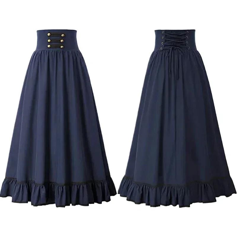 Vintage Renaissance Pleated Maxi Corset Button Skirt Women A Line Costume Victoria High Waist Gown Big Swing Floor Ruffle Skirt