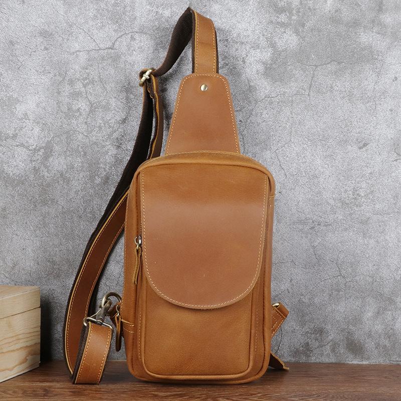 Crazy Horse Leather Men's Chest Bag, Genuine Leather Waist Bag, Retro Business Casual Top Layer Cowhide Small Shoulder Bag, Chest Bag