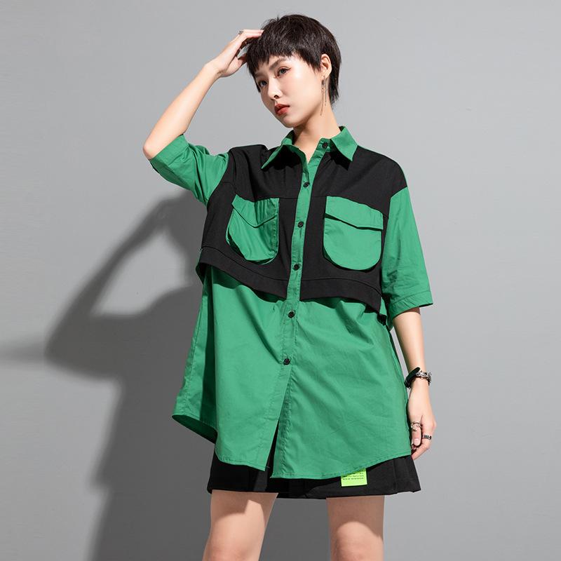Plus Size Blouse New Summer Style Casual Shirt Women Patchwork Female Loose Shirt Green