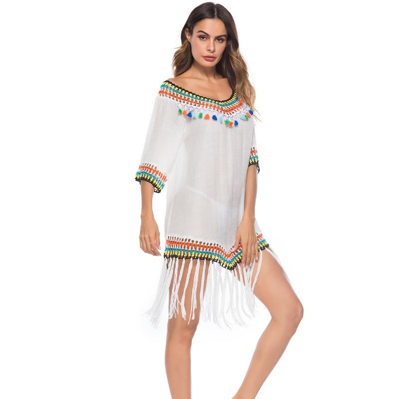 Summer Women's Hollow Out Sunscreen Holiday Style Rainbow Intercolour Tassel V-Neck Hand Hooked Beach Cover-up