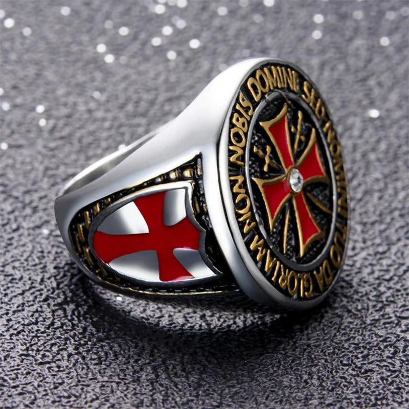 Anillos Dominantes de Caballeros Templarios para Hombres Color Plata Cruz Roja Incrustada Circonita Cúbica Anillo para Hombres Joyería Decoración