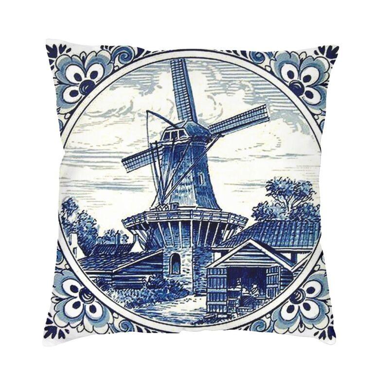 Dutch Blue Delft Cushion Cover 40X40Cm Vintage Windmill And Bridge Art Pillow Case For Sofa Square Pillowcase Home Decorative