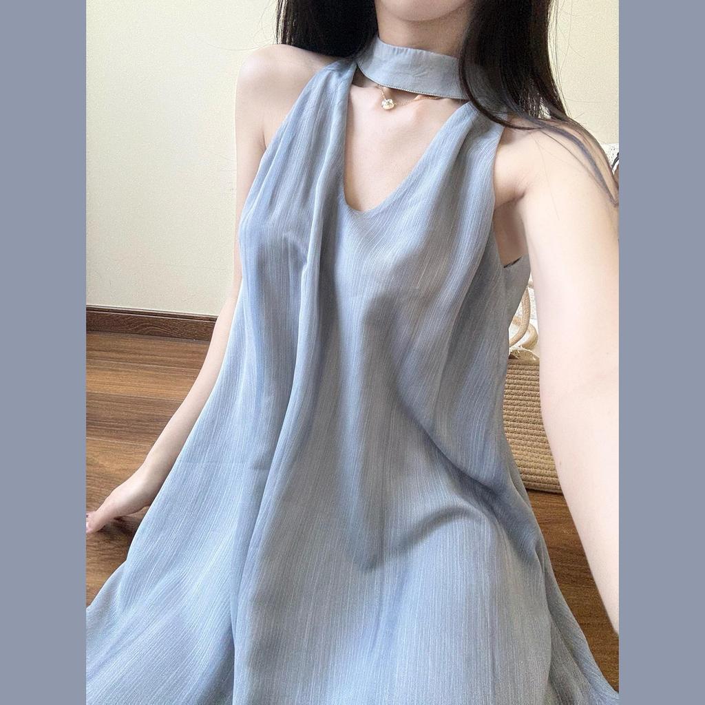 New Lazy Wind French Blue Sleeveless Suspender Dress Children's Summer Seaside Vacation Fairy Dress