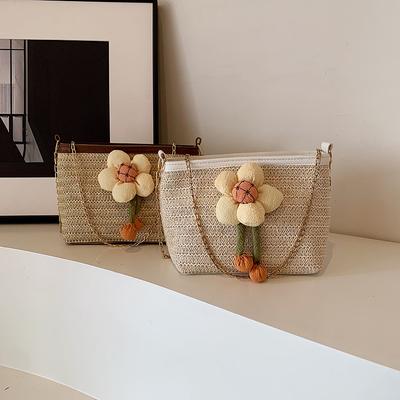 Sac tissé en paille pastoral Fengsen pour filles, nouveau sac tissé littéraire à fleurs d'été, sac à bandoulière à une épaule, petit sac carré
